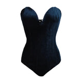 Burgundy Strapless Velvet Sexy Bodysuit Women Sweetheart Bodycon Backless Lace Up Body V Neck Party Club