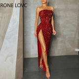 Women Solid Elegant Glamourous Strapless and Sleeveless Sequins Bodycon Maxi High Silt Sexy Formal Party