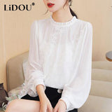 Spring Autumn Stand Collar Ruffles Embroidery Blouse Femme Long Sleeve Elegant Fashion White Blusa Temperament Shirt