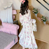Hollow Chiffon Sweet Dress Women Print Korean Fashion Floral Dress Female Flare Sleeve Patchwork Party Retro Dress