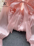 Bow Sweet Satin Loose Blouse Women Ruffles Long Sleeves Autumn Shirt Fashion Streetwear Korean y2k Vintage Top