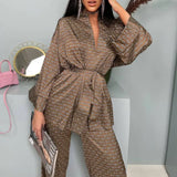 Zingj New Spring / Summer 2023 Can Wear Satin Pajamas Cardigan Lace Print Loose Suit Home Clothes-Outfit