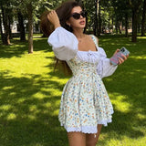 Zingj Women's Spring / Summer 2024 Bubble Sleeve Strap With Breast Fake Two French Dress Floral Strap Dress-Outfit
