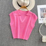 Zingj Summer Korean V-Neck Collar Shows Slim High Waist Slim Short Sweater Top 18-24 Years Old