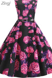 Print Vintage Dress Women Summer Pin Up Retro 50s Rockabilly Sleeveless A-Line Midi Party Dresses