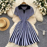 Zingj Niche Retro Color Lapel Short Sleeve Striped Dress Female Waist Show Thin Temperament A-Word Knit
