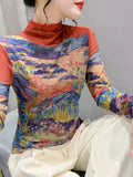 Women's Fashion Printing Long Sleeve Half High Neck Mesh T-shirts Female Positioning Flower T Shirt