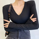 T-shirt Women's Long Sleeves V-neck Tops Autumn 2021 Cushioned Shoulder Tops Slim Bottoms Clothes New Office Lady