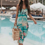 Queens Women Crane Floral Print Sleeveless Beach Bohemian Strap Midi Dress Ladies Rayon Cotton Boho