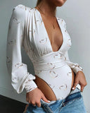 New Winter Women Sexy Lace Puff Sleeve Red Bodysuit Blouse Solid V-Neck Black See Through Body Top Patchwork One Piece