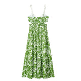 2023 Cut Out Slip Long Dress Women Summer Green Floral Dress Woman Pleated Backless Sexy Party Dresses Beach Holiday