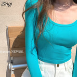 Women Long Sleeve Short T-shirts Solid Deep O-neck Slim Sexy Daily Korean Style Ulzzang Fashion Simple Autumn Female