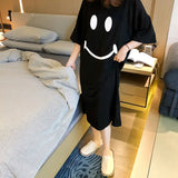Happy Smile Face Pattern O Neck Short Sleeves Home Plus Size Cotton Nightowns for Women One Piece