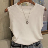 Ice Silk Knitted Vest Gym Tank Top Women Round Neck Thin Sleeveless Shirt Summer wide shoulder Loose Blusas 4588