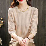 Seven-Sleeved T-Shirt Women's Mid-Sleeve Top Ice Knitted Shirt Thin Mother Spring T-Shirt