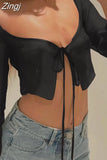 Zingj 2023 Sexy Y2K Women Mesh Sheer T-shirts Exposed Navel Crop Tops Long Sleeve Square Neck Tie-Up See Through 211-0-Outfit