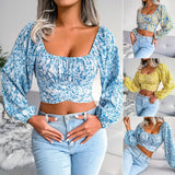 Women T-Shirt Print Color Lantern Sleeve Sexy Beach Style On Holiday Crop Top Chiffon Butterfly OL Female Blouse
