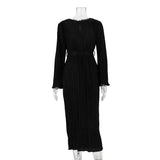 Zingj Women's Fall 2023 New Round Collar With Horn Long Sleeves Long Pleated Dress-Outfit