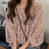 Chiffon Shirt Women Sweet Tops Blouse 2021 Spring New Korean Floral Print Long Sleeve Casual Loose Slim Lady Clothes
