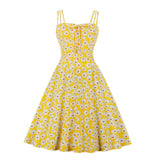 Front Daisy Floral Print Black Women Flare Casual Dresses Spaghetti Strap Summer Vacation Beach Casual Vintage Swing