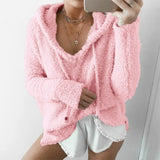 Autumn Top Women Casual Mohair Hooded Pullovers V Neck Fleece Sweater Fashion Sweet Loose Warm Winter Mohair Tops