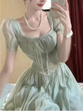 Elegant Single Breasted Party Dress Women A-line Lace Up Summer Prom Robe Korean Princess One Piece Vestidos Mujer