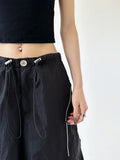 Zingj New Tight High Waist Design Sense Niche Black Cargo Pants Female Loose Casual Fashion Draw Rope Wide Leg