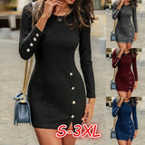 2020 Fashion Sexy O Neck Slim Women's Mini Dress Autumn Winter Casual Solid Long Sleeve Buttons Split Ladies Knitt
