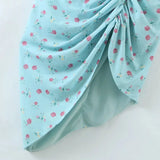 Blue Floral Mini Ruched Slit Bustier Dress-Outfit