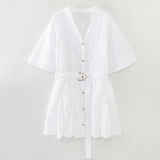 New Hollowed-Out Embroidery With Belt Mini Dress