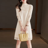 And Winter Knitted Dress Women's Casual Lace Sweater Skirt Medium-Length Semi-High Collar Bottom Sweater