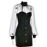 Sheer Long Sleeve Mock Neck Bodycon Mini Dress- Outfit
