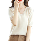 Zingj 2024 New Short-Sleeved Sweater Women's T-Shirt Solid Color V-Neck Short-Sleeved Bottom Shirt Top Thin Style A Hair-Outfit