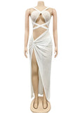 Sexy Black Mesh Glitter Crystal Maxi Dress Women Strap Hollow Out Side High Split Night Clubwear Long Dress