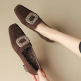 Fragrant Wind Frosted Skin Square Button Water Diamond Rough Heel Single Shoes Female Retro Square Head Middle Heel Loafers Shallow Mouth And Velvet Women's