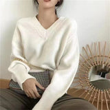 Zingj Autumn Winter New Style Lazy Wind Restoring Ancient Ways Temperament V Collar Design Sense Sweater Simple And Versatile Pure Color Sweater Female-Outfit