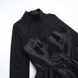 Black Turtleneck Sheer Long Sleeve Satin Mini Dress- Outfit