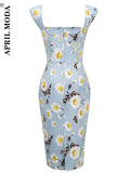 Chic Office OL Bandage Ladies Party Dress 50s Sleeveless Retro Vintage Floral Printed Blue Sling Pin Up Bodycon