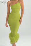 Elegant Feathers Midi Dress for Women Clothes Gown Summer Sleeveless Party Club Asymmetrical Long Dresses