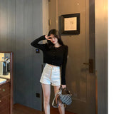 Women Solid Basic Tops Button Up O-neck Elegant Cropped Sweaters Streetwear Slim Knitted Outwear Ulzzang Fashion