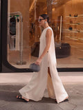 Sleeveless Button Split Maxi Dress Women Round Neck Solid Color Loose Long Robes 2024 Fashion Lady High Street
