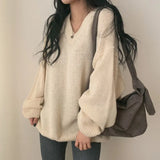 V-Neck Solid Color Pullover SweaterOutfit