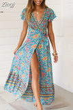 Maxi Dress Women 2023 Short Sleeve Casual V Neck Floral Print Boho Beach Long Dress S~5XL Sexy Split Party