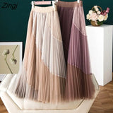 Long Skirt Women Fashion Contrast High Waist A-Line Pleated Skirt Harajuku Korean Style Black Mesh Midi Skirt Faldas