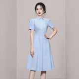 Elegant Temperament Collar Bubble Sleeves In The Summer Of 2025, Showing Thin Splicing Striped