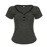 BM Style Babes V-Neck T-Shirt Women's Striped Three-Spring Short-Sleeved Slimmed Thread New