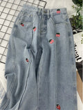 High Waist Women Strawberry Embroidery Jeans Casual Fashion Streetwear Wide Leg Denim Trouser Straight Baggy Denim