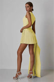 Solid V-neck Vest And Pleated Mini Skirt Set-Outfit