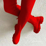 Cylinder Flying Breathable Knee Boots Women's Leather Knitting Thin Thick Bottom Socks Boots