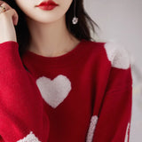 Zingj Dong Lady Long Sleeves Versatile Round Neck Sweater Sweater Jacket Jacket Korean Version Love Jacquard Loose Bottom Shirt-Outfit